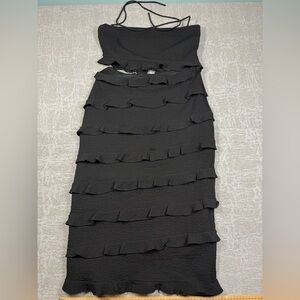 By Nicola Black Ruffle Two Piece Connected Fitted Body Cut Out Dress Size 14